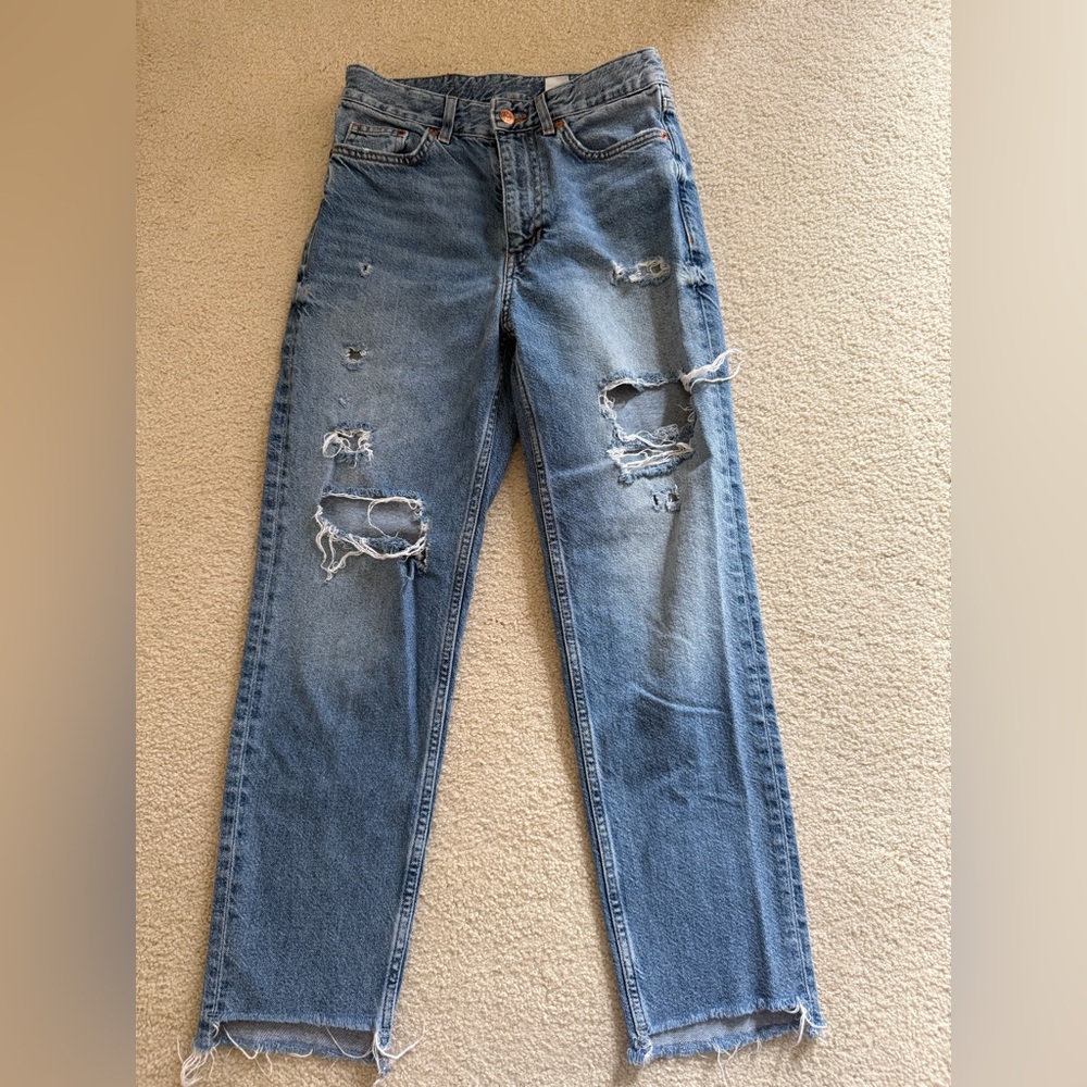 Distressed Blue Jeans Straight & High Waist